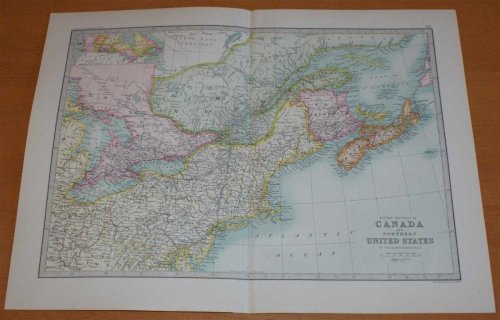 Map of 'Eastern Provinces of Canada and Northern United States' - Sheet 60 disbound from the 1890 'The Library Reference Atlas of the World' with Nova Scotia, New Brunswick, Maine, New York, Pennsylvania, and parts of Quebec and Ontario