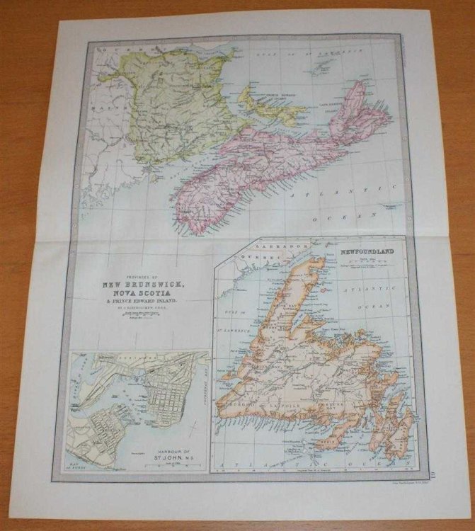 Map of Newfoundland, New Brunswick, Nova Scotia & Prince Edward Island - Sheet 61 disbound from the 1890 'The Library Reference Atlas of the World', 'Canada Lower Provinces' with Plan of St John Harbour