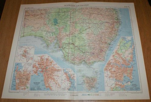 Map of 'Australia South-East' - Plate 12 disbound from 1958 Mid-Century Times Atlas of the World, including South Australia, New South Wales, Victoria, Tasmania with plans of Sydney and Melbourne