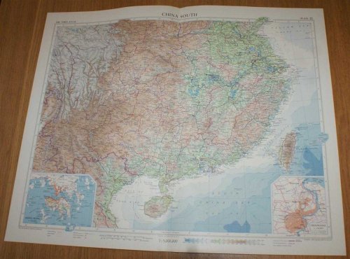 Map of South China - Plate 22 disbound from 1958 Mid-Century Times Atlas of the World, including Taiwan, Wuhan, Shanghai, Nanking, Chungking, Hong Kong, Canton, Hainan Tao and Hanoi