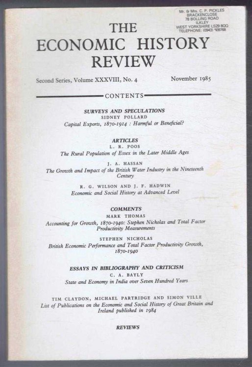 Image for The Economic History Review. Second Series, Volume XXXVIII (38), No. 4, November 1985 The Economic History Review. Second Series, Volume XXXVIII (38), No. 4, November 1985
