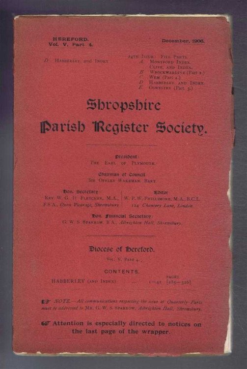 Image for Shropshire Parish Register. Diocese of Hereford. Volume V, Part 4. December 1906. Habberley Shropshire Parish Register. Diocese of Hereford. Volume V, Part 4. December 1906. Habberley