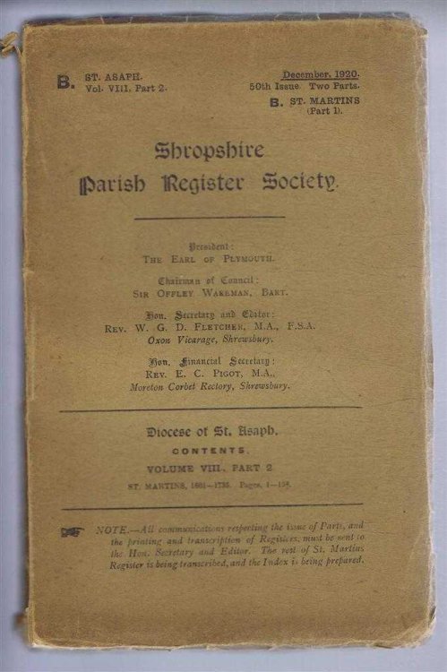 Image for Shropshire Parish Register Society, December 1920, 50th Issue. Diocese of St. Asaph, Volume VIII Part 2, St. Martins (Part 1) 1601-1735, Pages 1-156 Shropshire Parish Register Society, December 1920, 50th Issue. Diocese of St. Asaph, Volume VIII Part 2, St. Martins (Part 1) 1601-1735, Pages 1-156