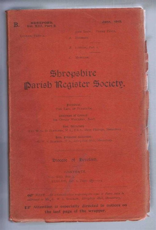 Image for Shropshire Parish Register Society, June 1912, 35th Issue. Diocese of Hereford, Volume XIII Part 2, Ludlow Part 2, Pages 389-714 Shropshire Parish Register Society, June 1912, 35th Issue. Diocese of Hereford, Volume XIII Part 2, Ludlow Part 2, Pages 389-714