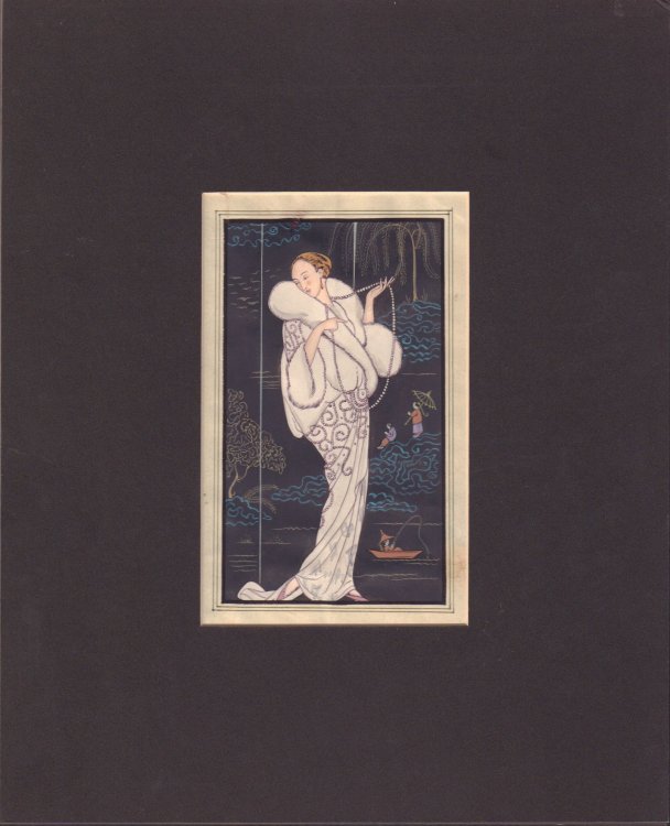 Handsome hand-painted chinoiserie lady in the pochoir style.