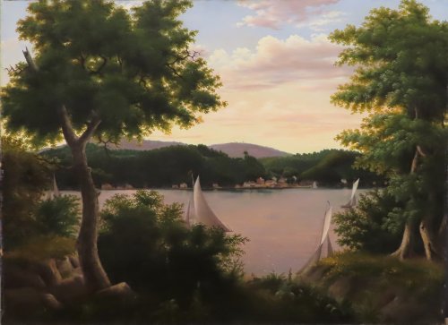 [Lake View with Sailboats and Houses on the Shore]