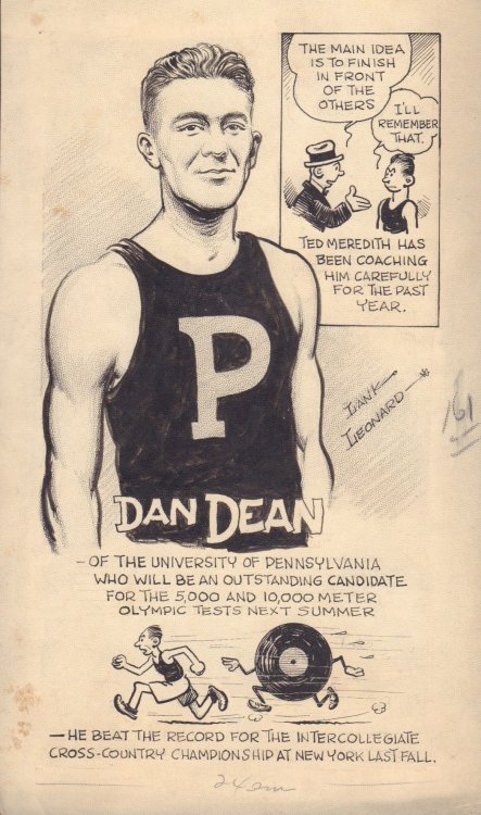 He Runs like a Finn. [Dan Dean, of the University of Pennsylvania] (SIGNED hand-drawn cartoon)