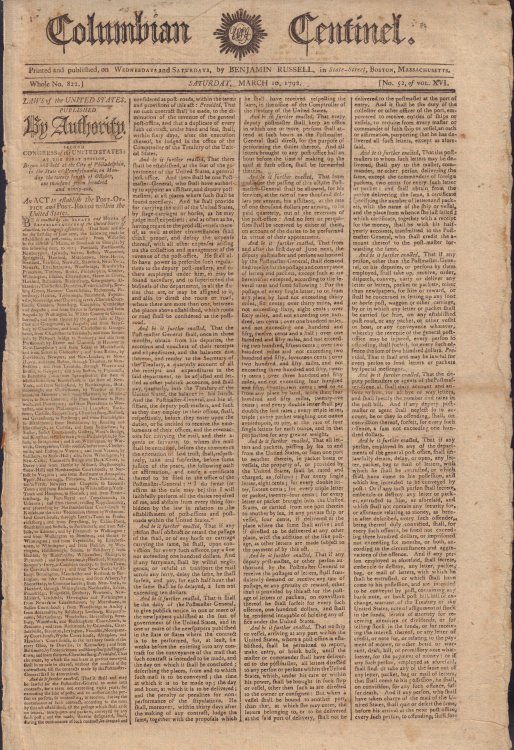 Image for Columbian Centinel, Vol. XVI, No. 52; Saturday, March 10, 1792. Whole number 822. An Act to establish the Post-Office and Post-Roads within the United States Columbian Centinel, Vol. XVI, No. 52; Saturday, March 10, 1792. Whole number 822. An Act to establish the Post-Office and Post-Roads within the United States