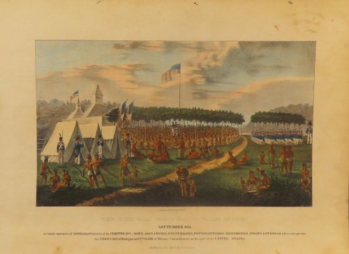 View of the Great Treaty Held at Prarie (Prairie) du Chien, September 1825 at which upward's of 5000 Indian warriors of the Chippeways, Sioux, Sacs & Foxes, Winnebagoes, Pottowattomies, Menomonies, Ioways and Ottowas tribes were present, Gov. Lewis Cass of Michigan and Wm. Clark of Missouri, commiss