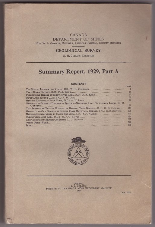 Canada Department of Mines Geological Survey; Summary Report, 1929, Part A