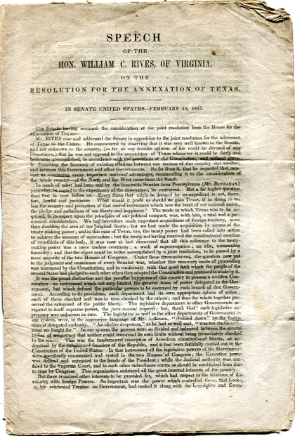 Image for Speech of the Hon. William C. Rives, of Virginia, on the resolution for the annexation of Texas Speech of the Hon. William C. Rives, of Virginia, on the resolution for the annexation of Texas