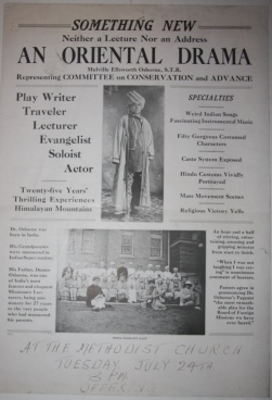 [Broadside] An Oriental Drama. Something New. Neither a Lecture Nor an Address. Melville Ellsworth Osborne, S. T. B. Representing Committee on Conservation and Advance. Play Writer - Traveler - Lecturer - Evangelist - Soloist - Actor. Twenty-five Years' Thrilling Experiences Himalayan Mountains. Spe