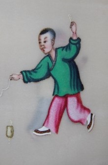Box of Seven Chinese Watercolor Cards on Pith Paper Depicting Kites and Children Playing