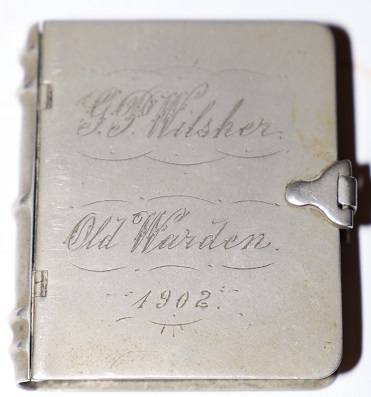 [Faux Book] Heavy Miniature Tin Box with Etched on Front: G. P. Wilsher - Old Warden - 1902