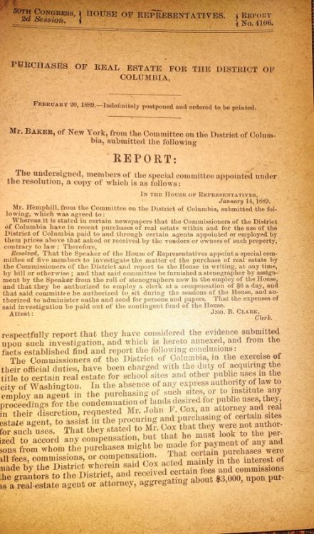 Purchases of Real Estate for the District of Columbia ; Mr. Baker, of New York, from the Committee on the District of Columbia, submitted the following REPORT