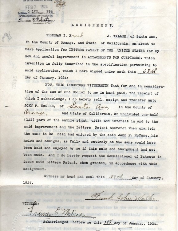 Archive of 22 Pages of Correspondence, and One Blueprint for the Patent Application by Frank J. Waller of Santa Ana, California for the Manufacture of Hose Supporter and Attachment for Cuspidors, 1924.