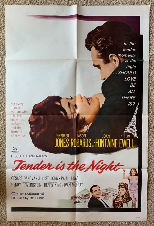 [Movie Poster] Tender is the Night. Starring Jennifer Jones, Jason Robards, Joan Fontaine, Tom Ewell.