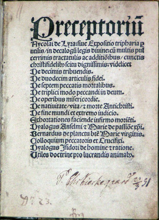 Preceptoriu[m] Nycolai de Lyra: siue Expositio tripharia p[er]utilis, in decalogu[m] legis diuine: cu[m] multis pulcerrimis tractatulis. Dec decimis tribuendis. De duodecim articulis fidei. De septem peccatis mortalibus. De triplici modo peccandi in deum. Den operibus misericordie. De natiutiate, vi