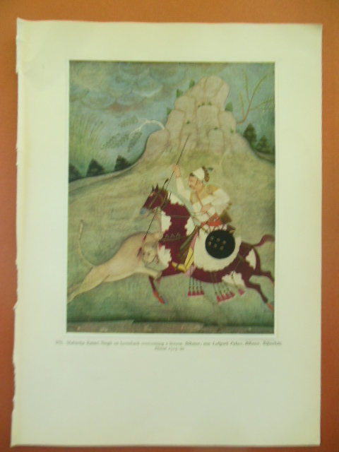 Indian Print Maharaja Kesari Singh on Horseback Overcoming a Lioness