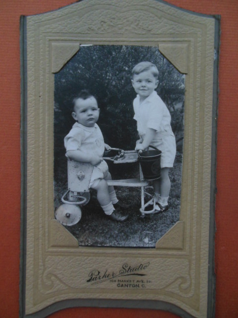 Photograph Two Little Boys Wheeled Cart Sand Pail (Parker Studio,Canton,Ohio)
