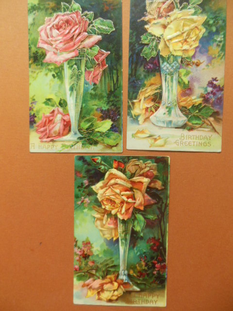 Roses In Vases -- Three Vintage Birthday Postcards 1909