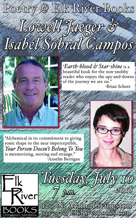 An evening of poetry with Lowell Jaeger and Isabel Sobral Campos reading event poster, 10 July 2018