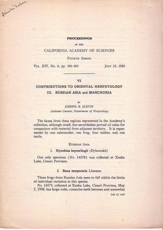 Contributions to Oriental Herpetology III. Russian Asia and Manchuria (Proceedings of the California Academy of Sciences)