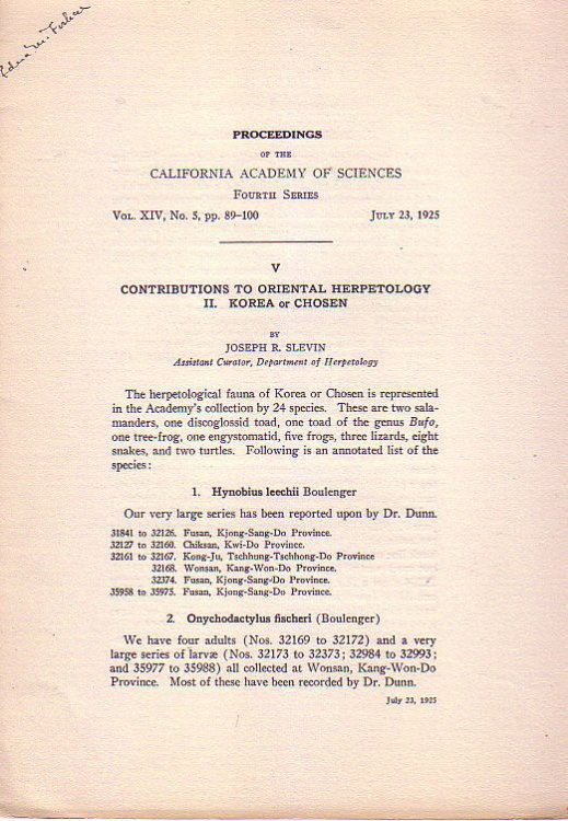 Contributions to Oriental Herpetology II. Korea or Chosen (Proceedings of the California Academy of Sciences) Fourth series Vol XIV, No 5 pp 89-100