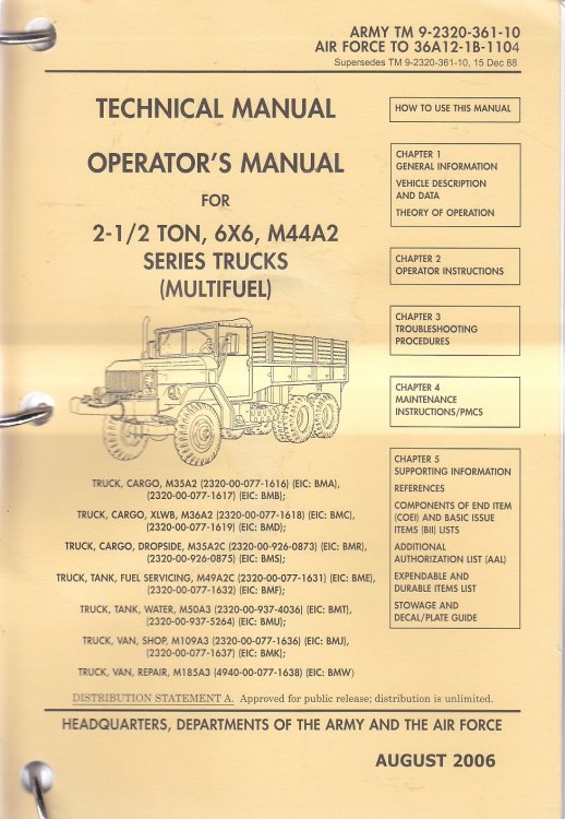 Technical Manual Operator's Manual; Tm 9-2320-361-10; 2-1/2-Ton, 6x6 M44a2 Series Trucks (Multifuel)