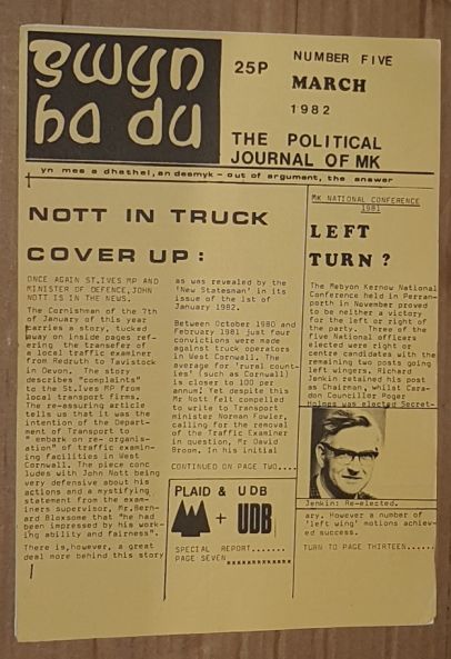 Gwyn Ha Du: the political journal of Mebyon Kernow. No.5, March 1982