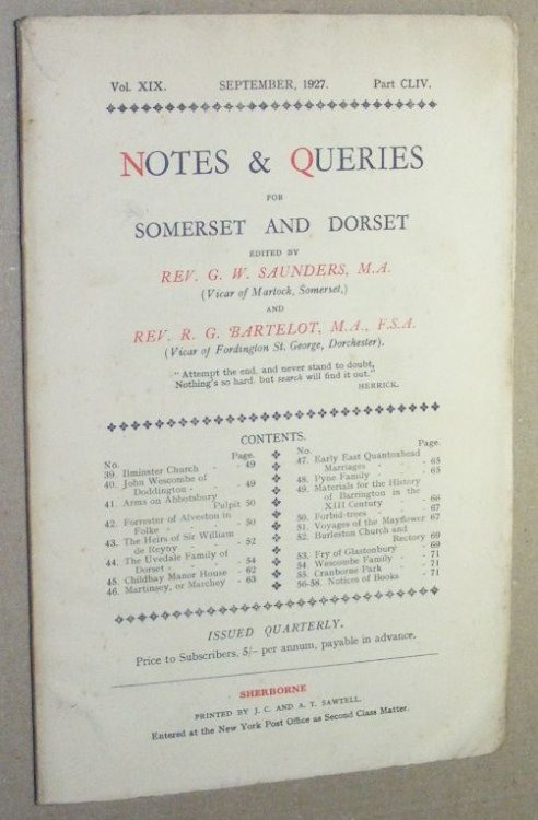 Image for Notes & Queries for Somerset and Dorset, September 1927, Vol.XIX Part CLIV Notes & Queries for Somerset and Dorset, September 1927, Vol.XIX Part CLIV