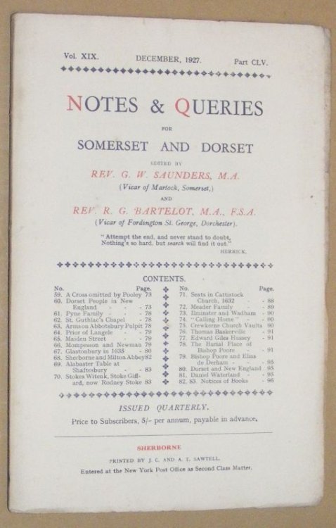 Image for Notes & Queries for Somerset and Dorset, December 1927, Vol.XIX Part CLV Notes & Queries for Somerset and Dorset, December 1927, Vol.XIX Part CLV