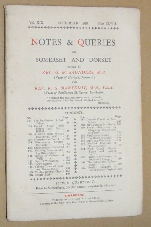 Image for Notes & Queries for Somerset and Dorset, September 1928, Vol.XIX Part CLVIII Notes & Queries for Somerset and Dorset, September 1928, Vol.XIX Part CLVIII