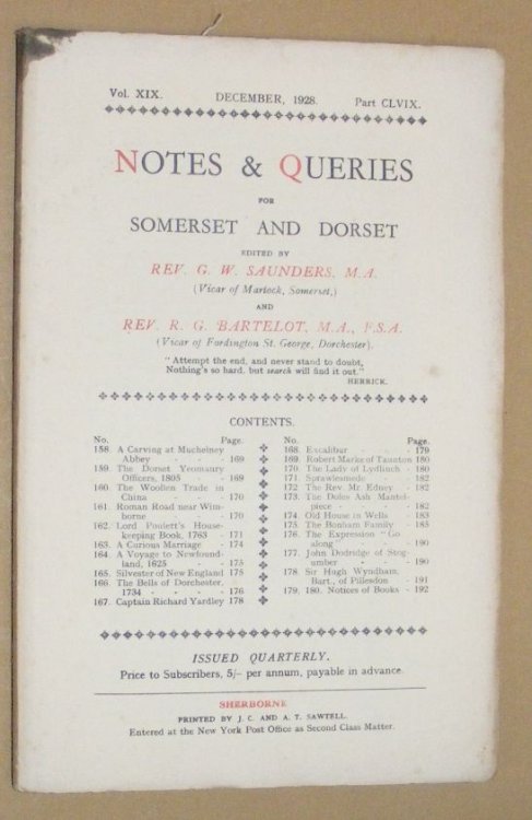 Image for Notes & Queries for Somerset and Dorset, December 1928, Vol.XIX Part CLVIX Notes & Queries for Somerset and Dorset, December 1928, Vol.XIX Part CLVIX