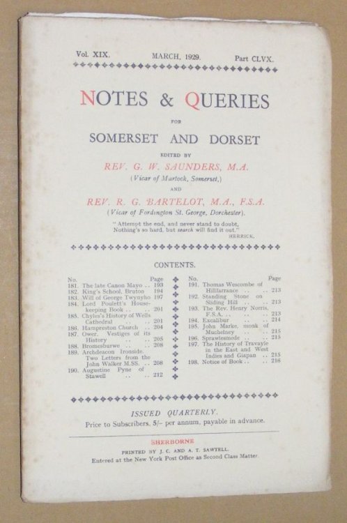 Image for Notes & Queries for Somerset and Dorset, March 1929, Vol.XIX Part CLVX Notes & Queries for Somerset and Dorset, March 1929, Vol.XIX Part CLVX
