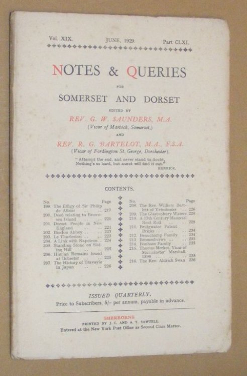 Image for Notes & Queries for Somerset and Dorset, June 1929, Vol.XIX Part CLXI Notes & Queries for Somerset and Dorset, June 1929, Vol.XIX Part CLXI