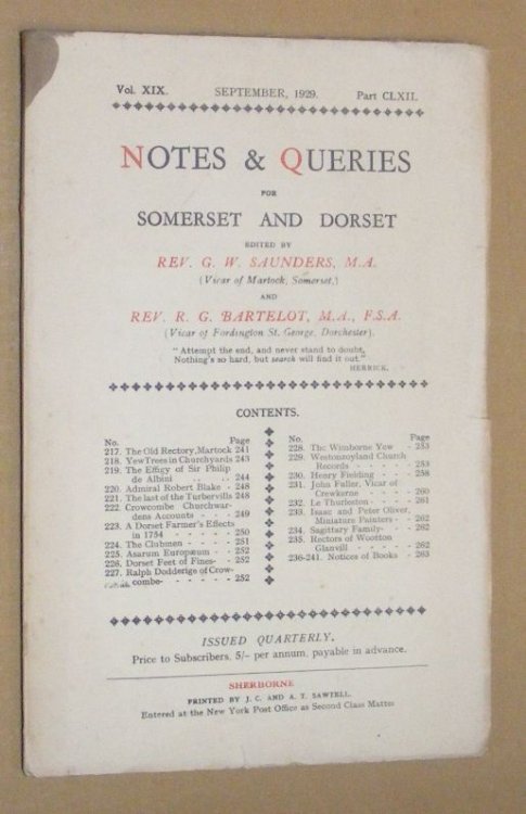 Image for Notes & Queries for Somerset and Dorset, September 1929, Vol.XIX Part CLXII Notes & Queries for Somerset and Dorset, September 1929, Vol.XIX Part CLXII
