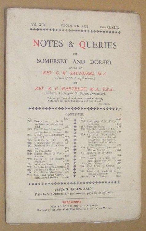 Image for Notes & Queries for Somerset and Dorset, December 1929, Vol.XIX Part CLXIII Notes & Queries for Somerset and Dorset, December 1929, Vol.XIX Part CLXIII