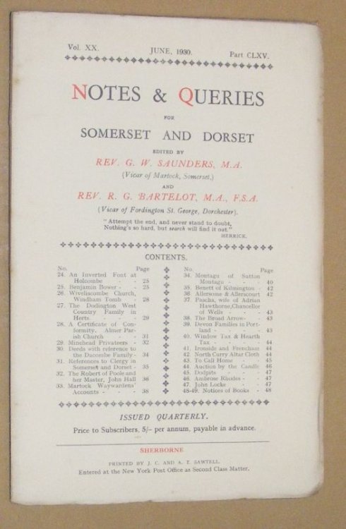 Image for Notes & Queries for Somerset and Dorset, June 1930, Vol.XX Part CLXV Notes & Queries for Somerset and Dorset, June 1930, Vol.XX Part CLXV