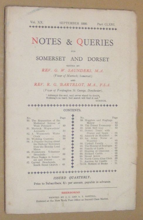 Image for Notes & Queries for Somerset and Dorset, September 1930, Vol.XX Part CLXVI Notes & Queries for Somerset and Dorset, September 1930, Vol.XX Part CLXVI
