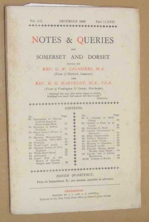 Image for Notes & Queries for Somerset and Dorset, December 1930, Vol.XX Part CLXVII Notes & Queries for Somerset and Dorset, December 1930, Vol.XX Part CLXVII