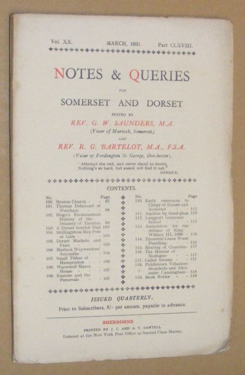 Image for Notes & Queries for Somerset and Dorset, March 1931, Vol.XX Part CLXVIII Notes & Queries for Somerset and Dorset, March 1931, Vol.XX Part CLXVIII