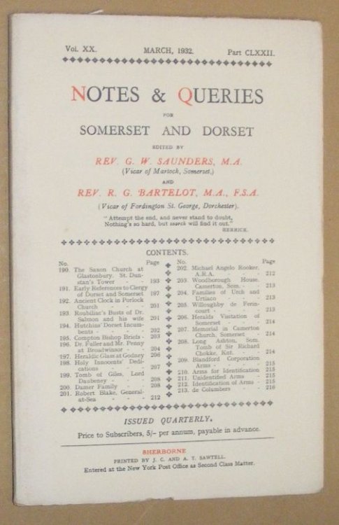 Image for Notes & Queries for Somerset and Dorset, March 1932, Vol.XX Part CLXXII Notes & Queries for Somerset and Dorset, March 1932, Vol.XX Part CLXXII