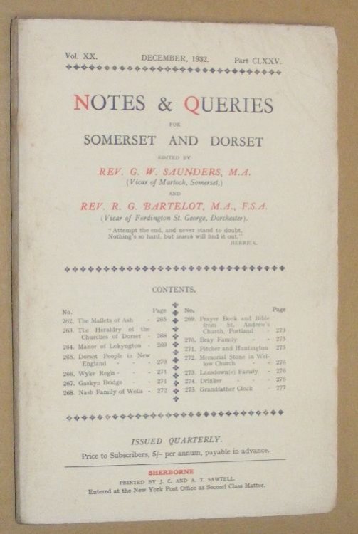 Image for Notes & Queries for Somerset and Dorset, December 1932, Vol.XX Part CLXXV Notes & Queries for Somerset and Dorset, December 1932, Vol.XX Part CLXXV