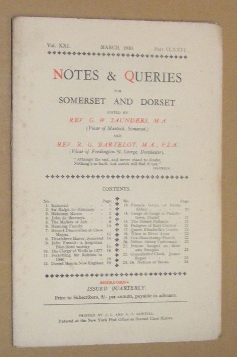Image for Notes & Queries for Somerset and Dorset, March 1933 Vol.XXI Part CLXXVI Notes & Queries for Somerset and Dorset, March 1933 Vol.XXI Part CLXXVI