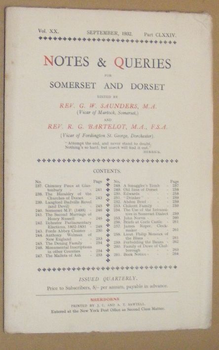 Image for Notes & Queries for Somerset and Dorset, September 1932 Vol.XX Part CLXXIV Notes & Queries for Somerset and Dorset, September 1932 Vol.XX Part CLXXIV