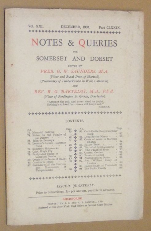 Image for Notes & Queries for Somerset and Dorset, December 1933 Vol.XXI Part CLXXIX Notes & Queries for Somerset and Dorset, December 1933 Vol.XXI Part CLXXIX
