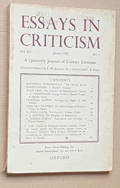 Image for Essays in Criticism: Vol.XV No.1, January 1965: a Quarterly Journal of Literary Criticism Essays in Criticism: Vol.XV No.1, January 1965: a Quarterly Journal of Literary Criticism