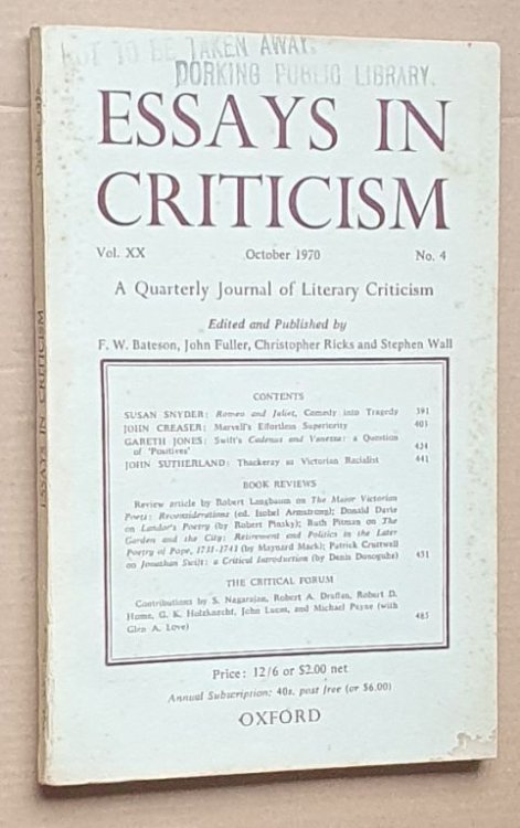 Image for Essays in Criticism: Vol.XX No.4, October 1970: a Quarterly Journal of Literary Criticism Essays in Criticism: Vol.XX No.4, October 1970: a Quarterly Journal of Literary Criticism