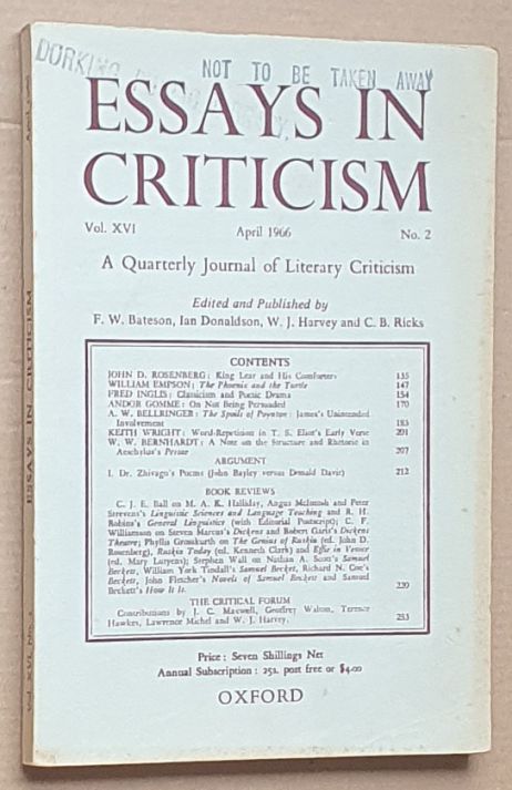 Image for Essays in Criticism: Vol.XVI No.2, April 1966: a Quarterly Journal of Literary Criticism Essays in Criticism: Vol.XVI No.2, April 1966: a Quarterly Journal of Literary Criticism